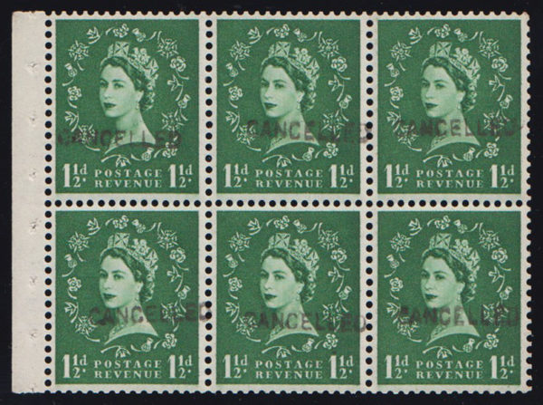 SGSB59 1953 1 1/2d. Green watermark TUDOR CROWN, inverted watermark, "cancelled" 15.5mm x 4mm. Unmounted.