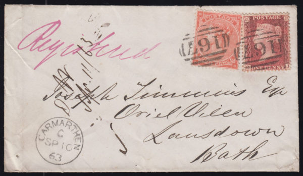 SG81 1863 Welsh registered cover, Carmarthen to Bath. 1d. postage, 4d. registration and neat 167 numerals.