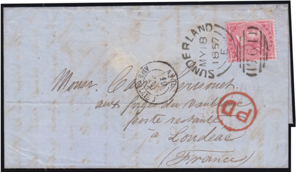 SG66 1857 4d. Rose carmine. Sunderland to Londeauc, France.