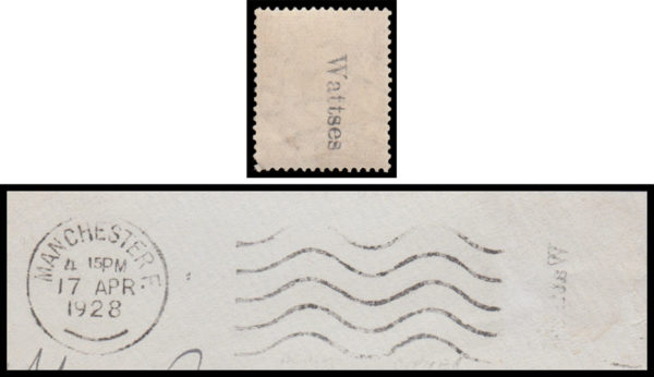 SG420var 1924 1 1/2d. Red-brown. WATTSES underprint in black. Fine used with original piece of envelope from where it came.