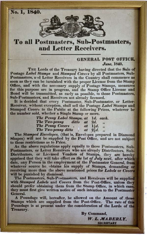 1840 postal notice framed