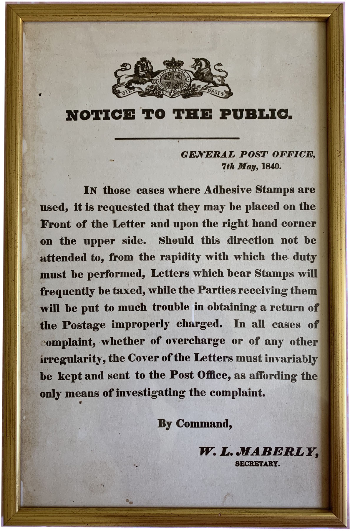 1840 Postal Notice regarding the placing of stamps on envelopes ...