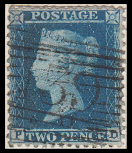 SG34 1855 2d. Blue, plate 4, LC14, PD, fine used.