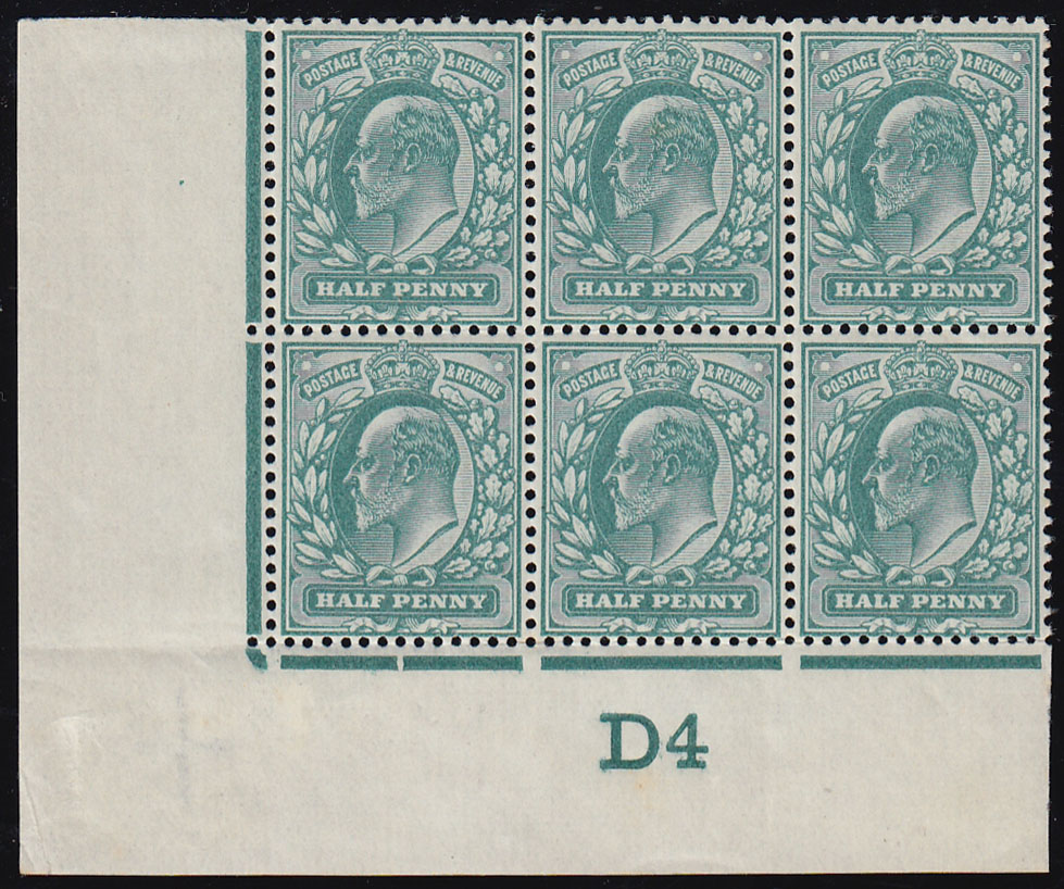 SG215 1904 ½d. Blue-green D4 control block of 6, perf. H1. Unmounted, original gum.