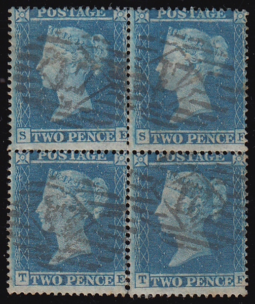 SG20a 1855 2d. Blue, SC16, plate 5, SE-TF. Fine used block of 4. London Chief Office “17” numeral.