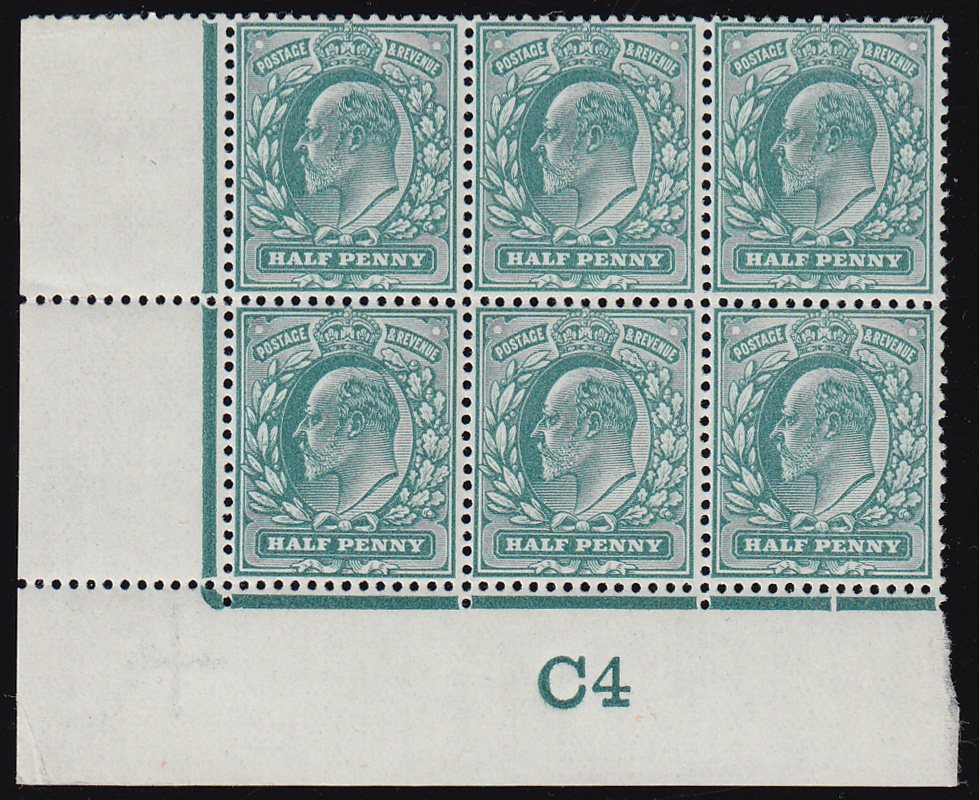 SG215 1904 ½d. Blue-green C4 Control block of 4, perf. V2A. Unmounted, original gum, co-extensive rules.