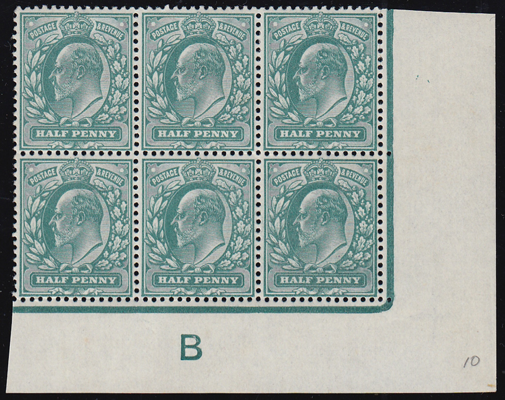 SG215 1902 ½d. Blue-green B Control, perf. H1. Continuous rule, unmounted, original gum block of 6.
