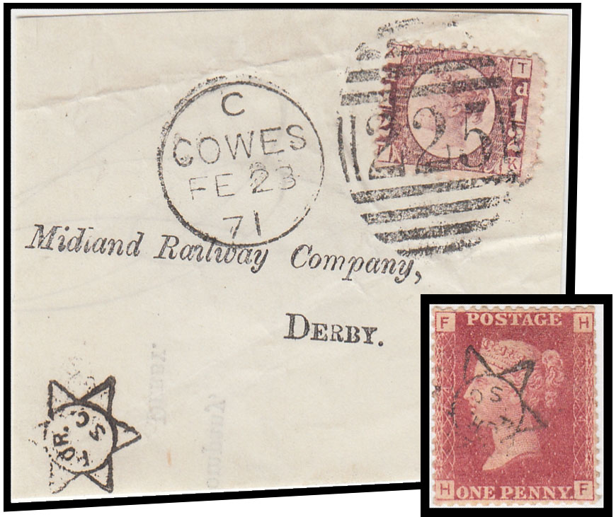 SG43 c.1871 Portsmouth Sorting Carriage star cancelled on 1d. plate and also on piece with ½d.