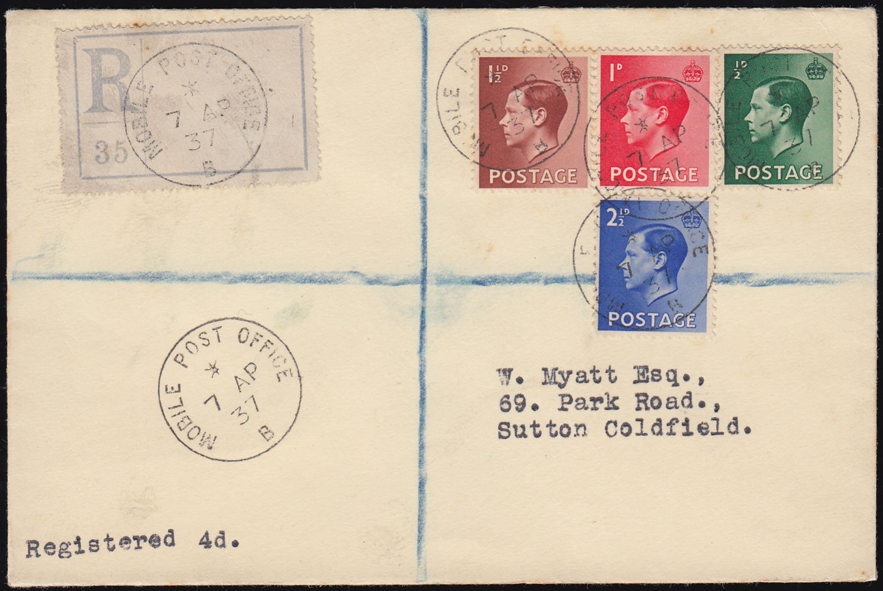 SG457/ SG460 1937 Edward 8th set on cover, Registered “Mobile Post Office”.