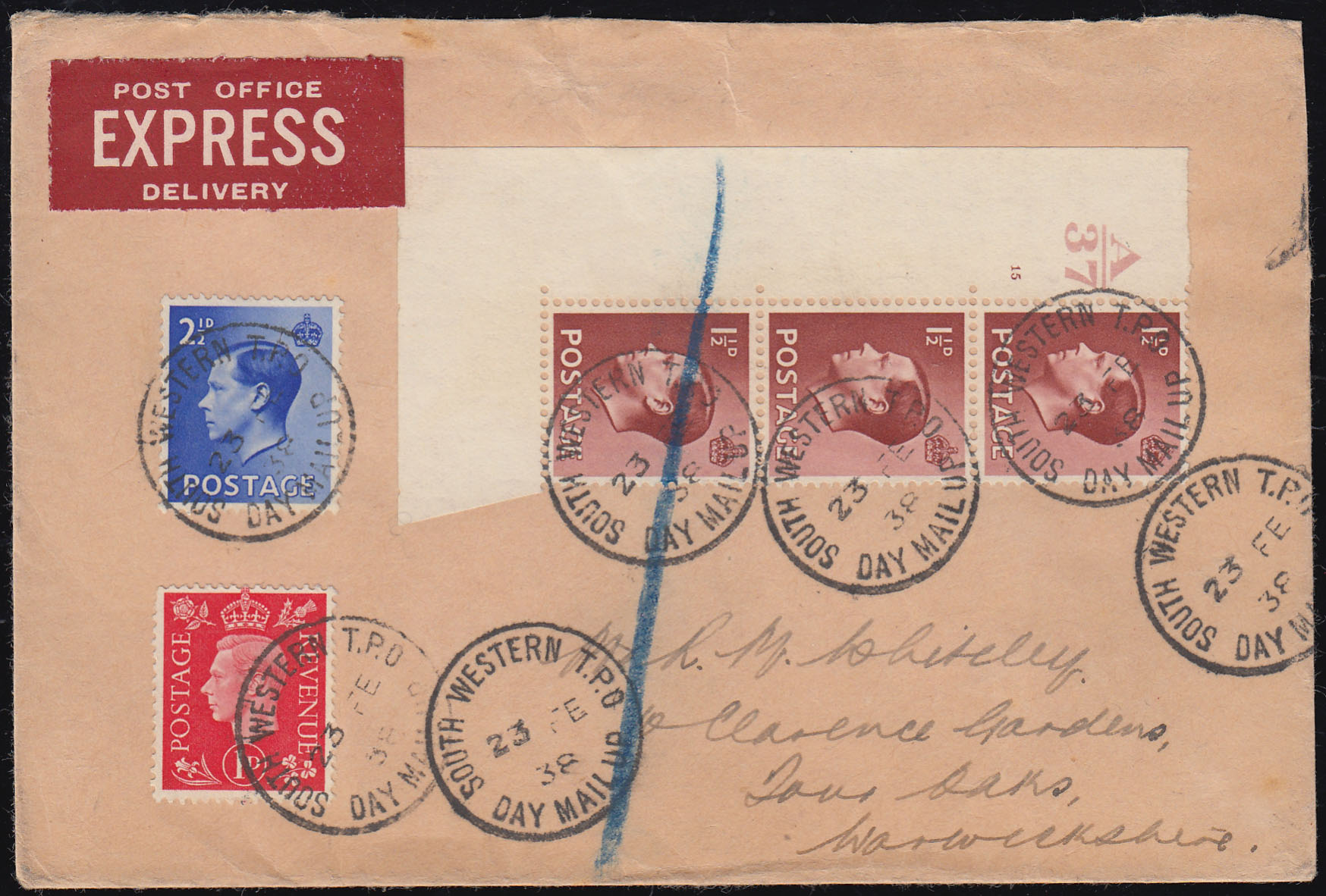 SG460 1938 Express cover strip 3 1½d., 2½d. and 1d. KGVI all neatly cancelled “South Western T.P.O” Railway cancel.