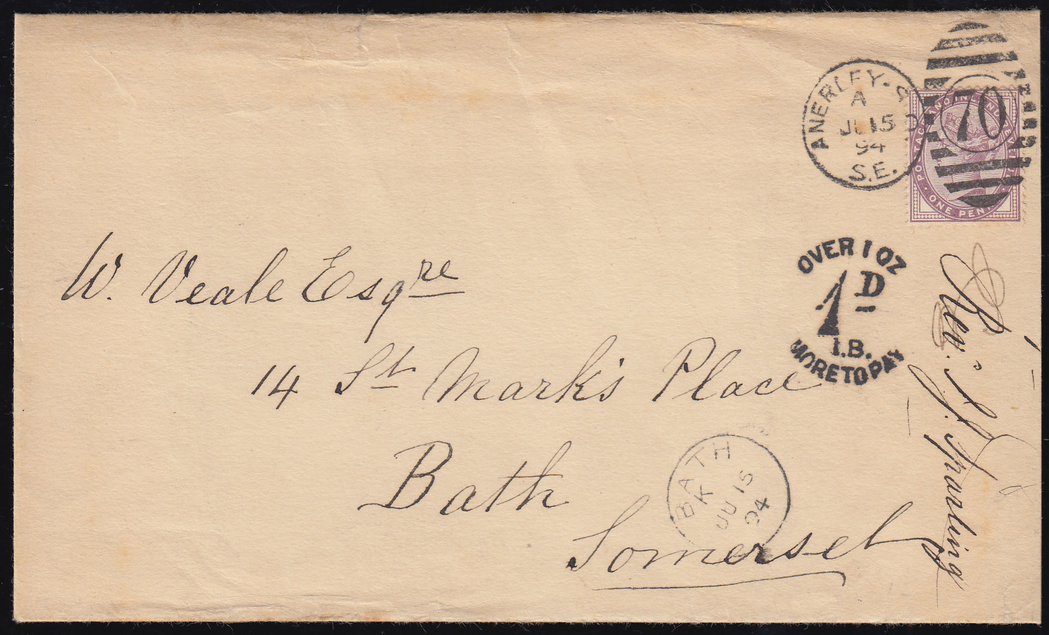 SG172 1894 1d. Lilac on underpaid envelope, from Anerley to Bath, Somerset.