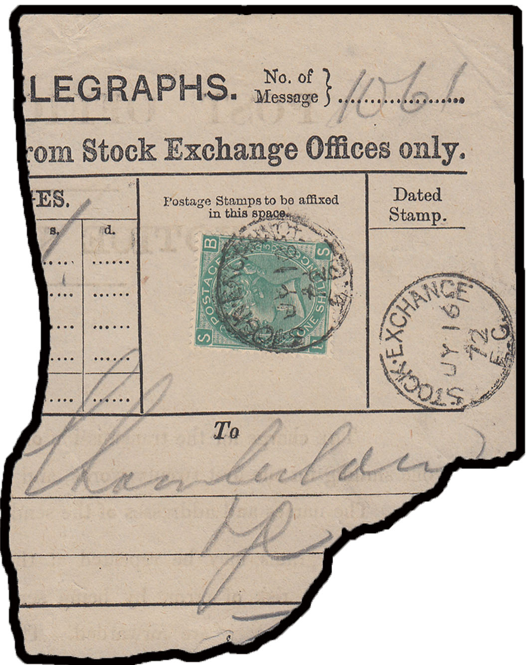 SG117 1867/ 80 1/- Green, plate 5 STOCK EXCHANGE FORGERY (BS).