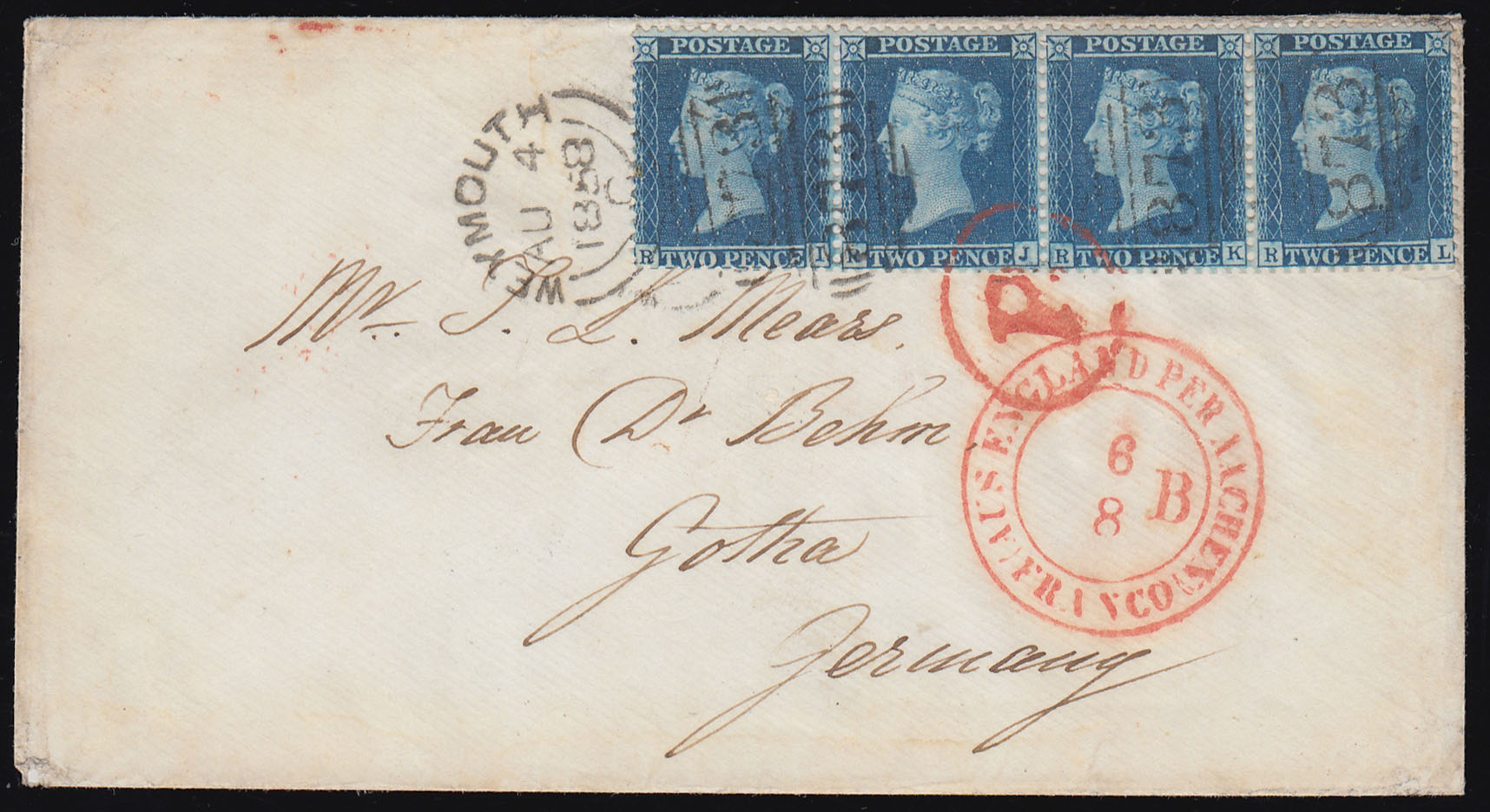 SG35 1858 2d. Deep 2d. Deep blue LC14, plate 6, RI-RL strip of 4 on cover WEYMOUTH to GOTHA, Germany.
